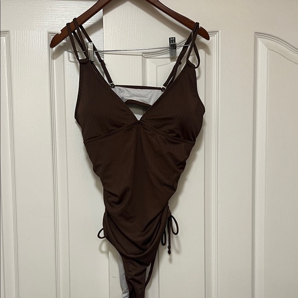 NWOT - Brown Strappy One-Piece Slim Drawstring One-Piece Swimsuit - XL - Picture 2 of 7